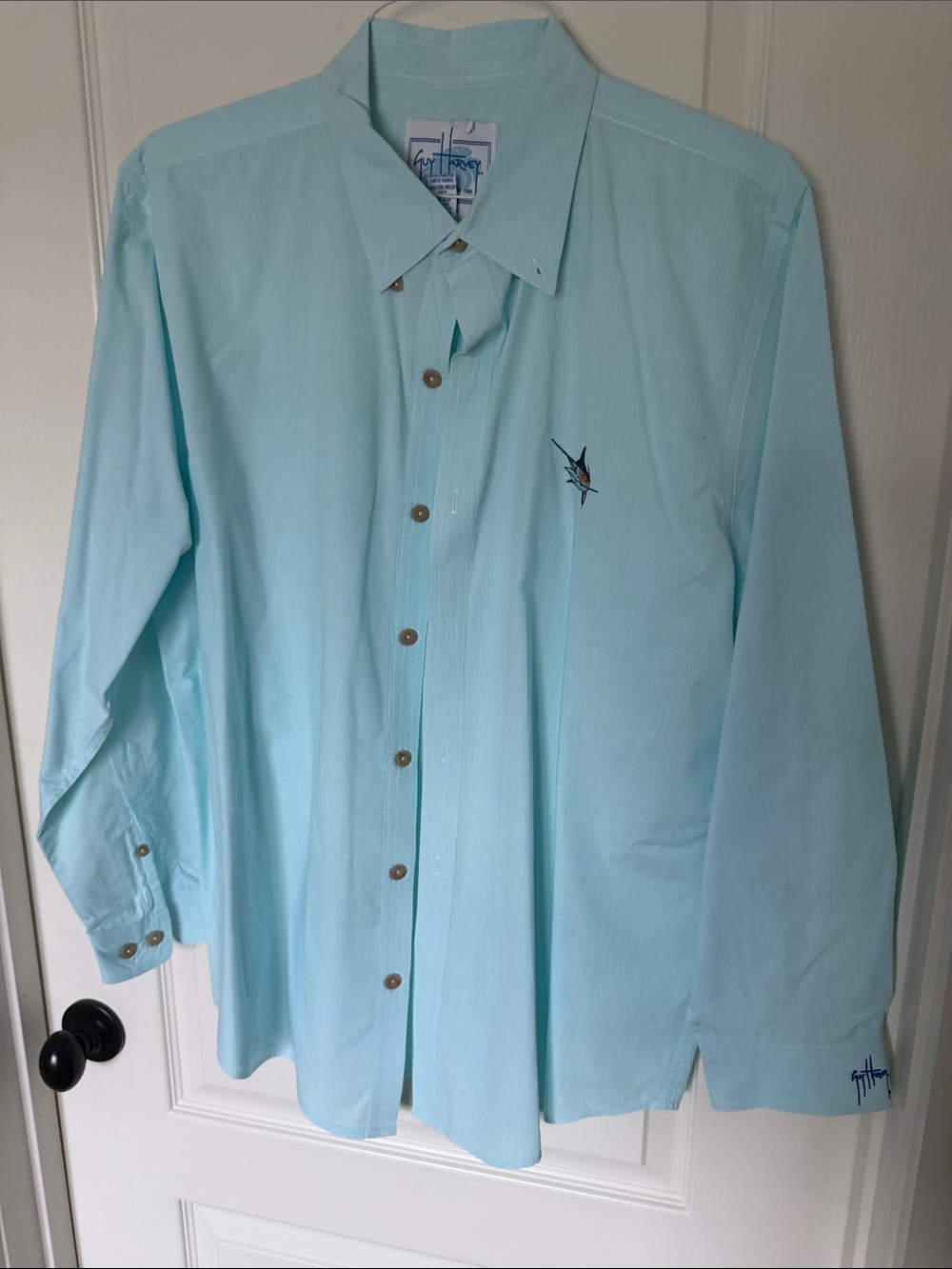 Guy Harvey Light Aqua Button-Down Shirt with Marlin Embroidery